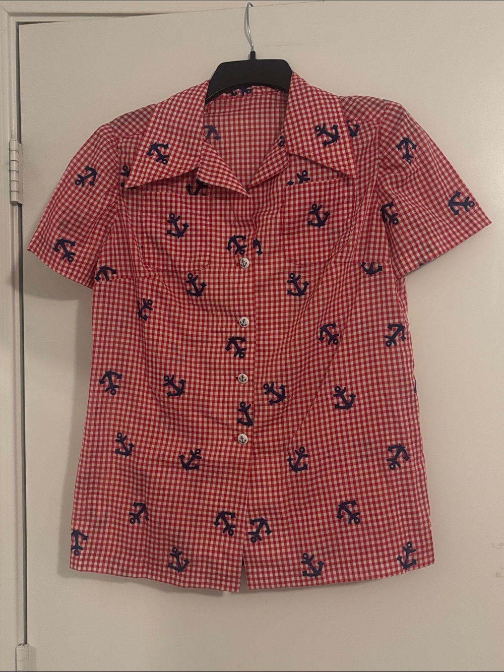 Vintage Women's Red Gingham Button-Down Shirt with Navy Anchor Print